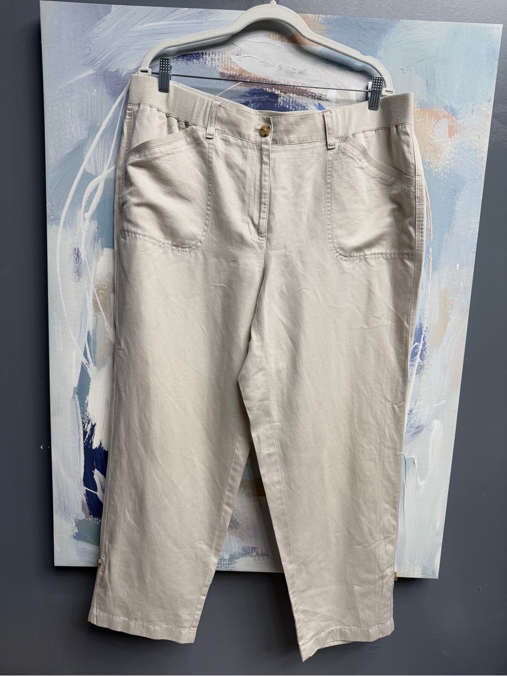 J.Jill Linen Cotton Blend Beige Cropped Pull On Pants XL Stretch Utility Pocket